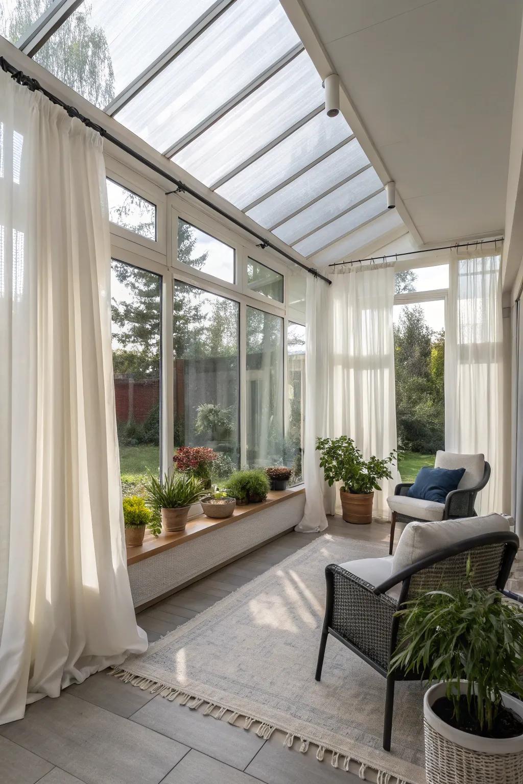 Simple curtains give your sunroom a clean, modern look.