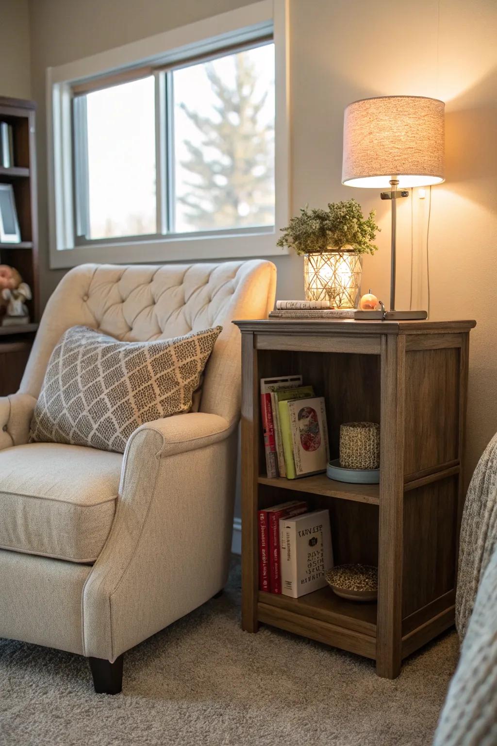 Inviting reading nook for book lovers.