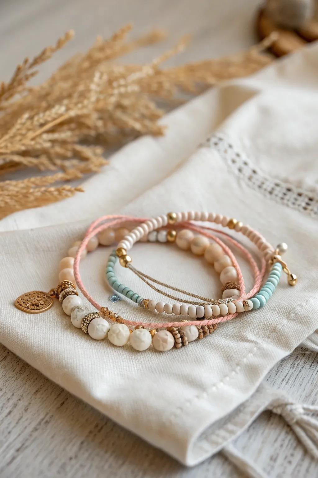 Effortlessly chic: Explore the art of layering with these minimalist boho-inspired bracelets.