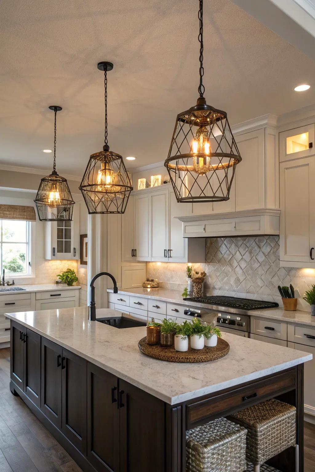 Unique lighting fixtures add character and mood to the kitchen.