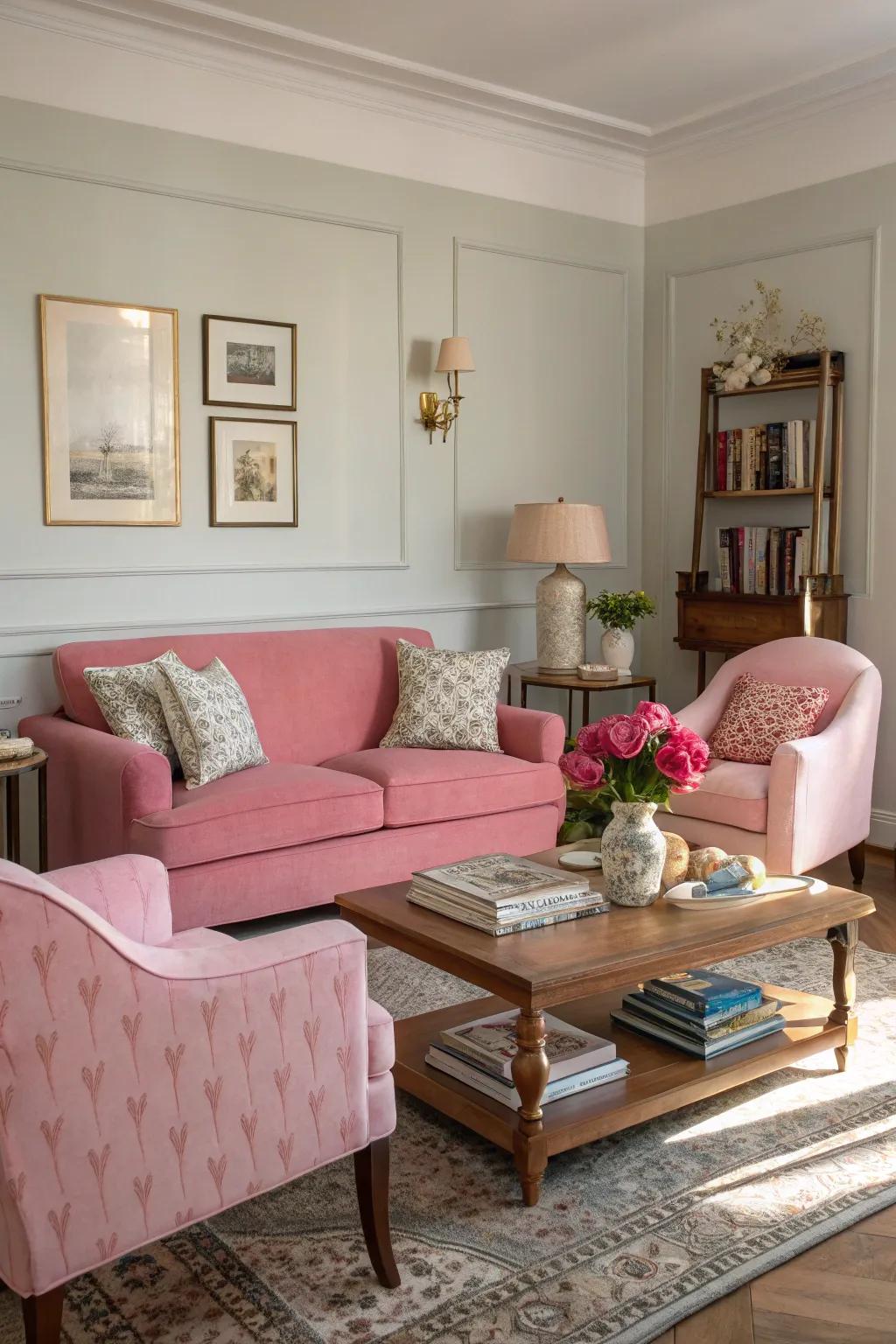 Rose and neutral tones blend for a sophisticated living space.