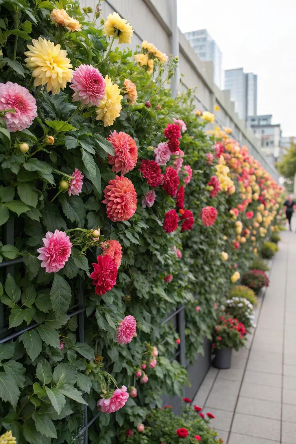 A vibrant green wall of asters.
