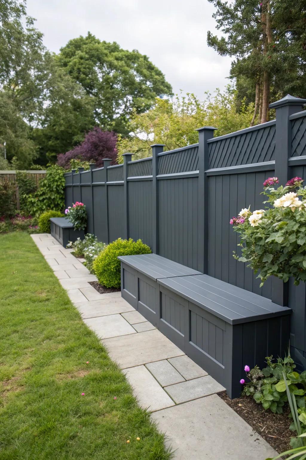A charcoal-toned enclosure with built-in benches offers seating and storage solutions.