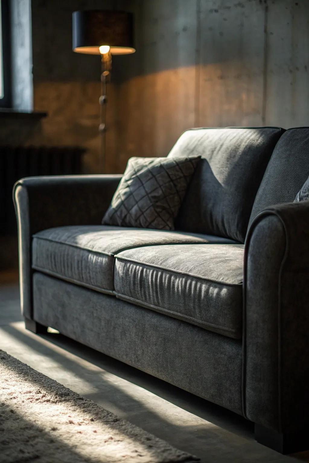 The interplay of brightness and shade appends profundity and captivation to a gray couch sector.