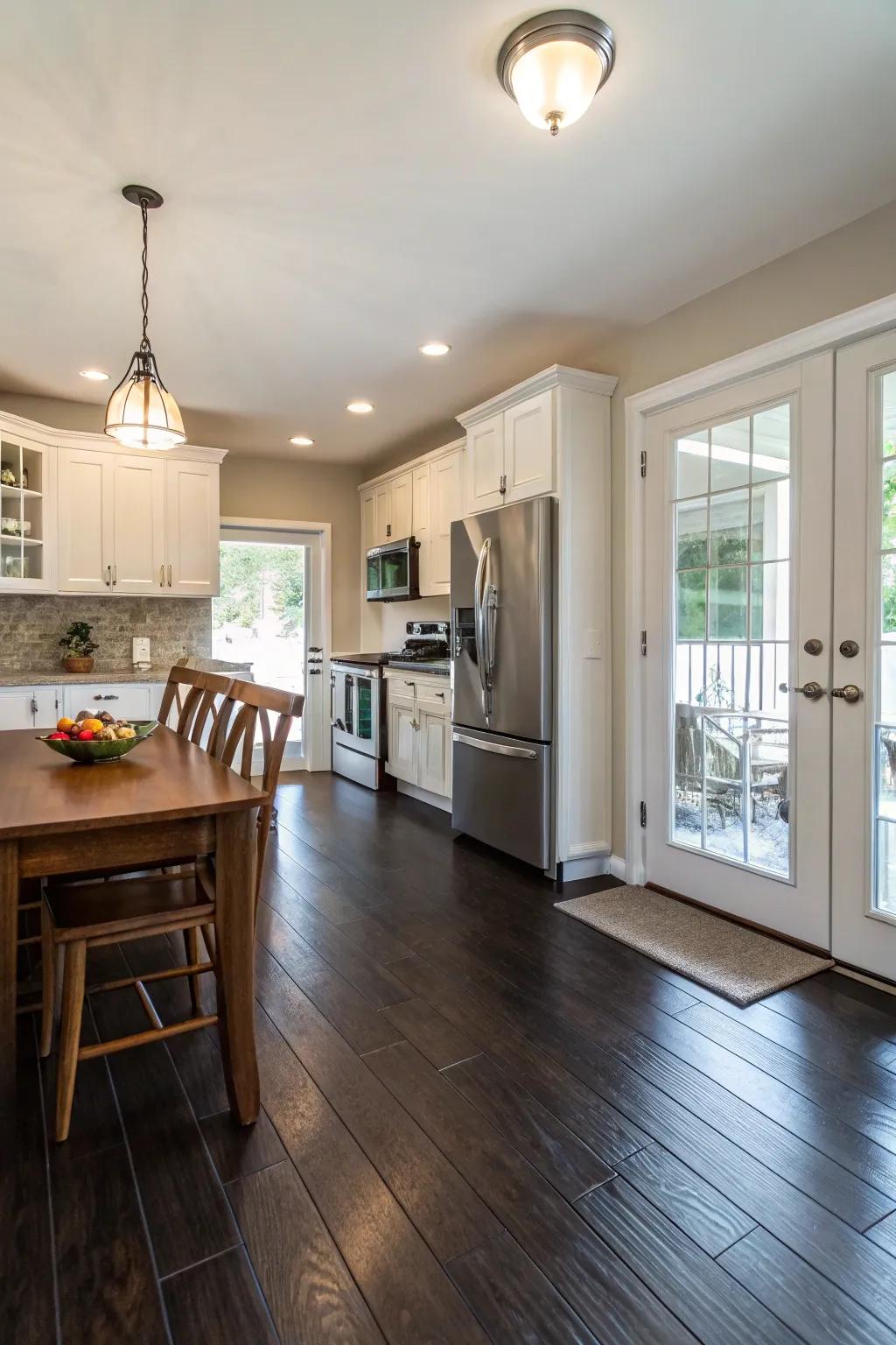 Dark wood flooring adds depth and anchors the kitchen's design.