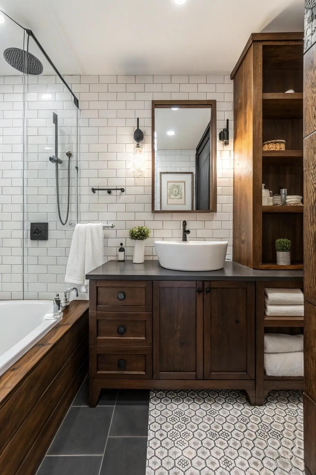 A blend of materials fosters a harmonious feel of textures in this bathroom.