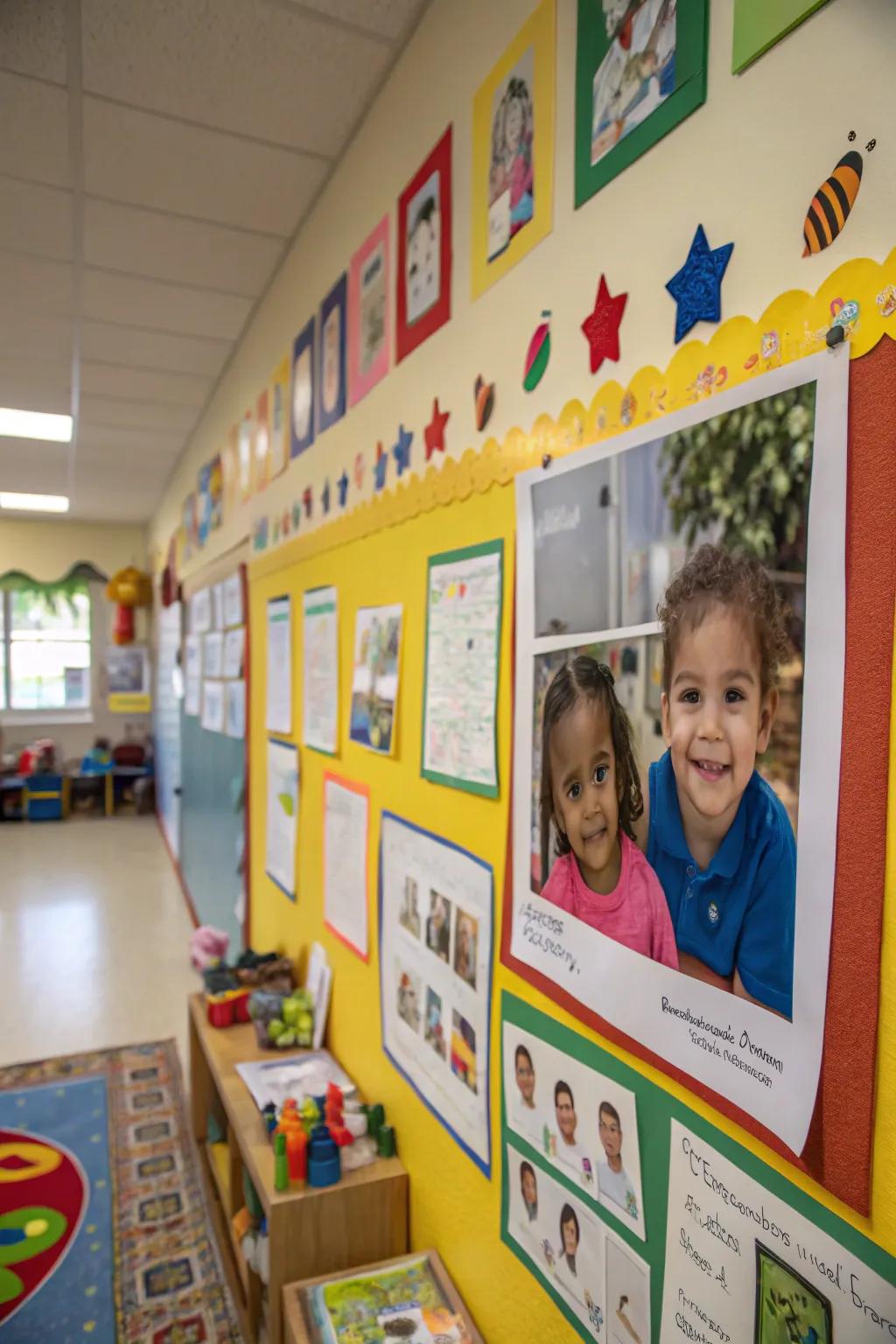 A photo wall celebrating children's achievements.