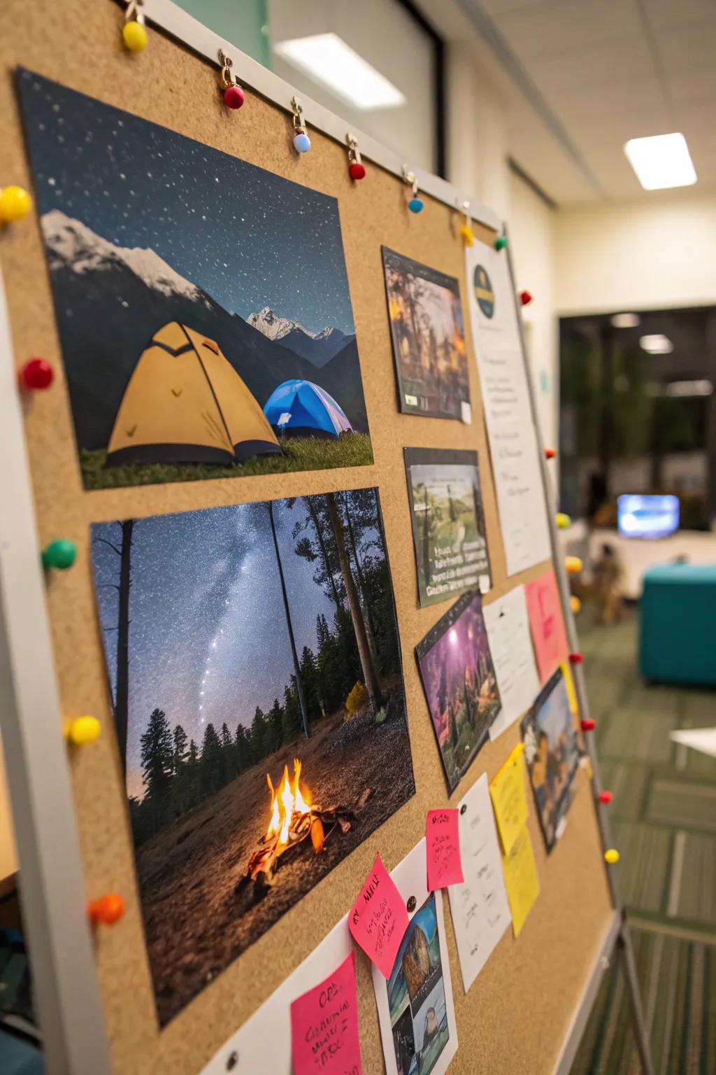 Camping Adventure bulletin board incorporating outdoor amusement within indoor spaces.