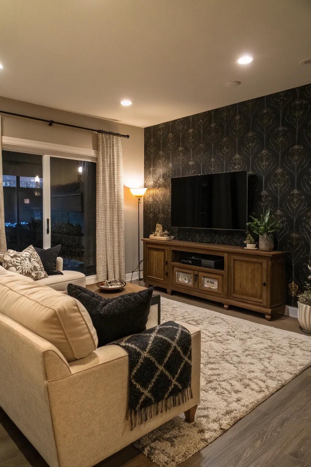 A dark setting disguises the TV, diminishing its visual consequence.