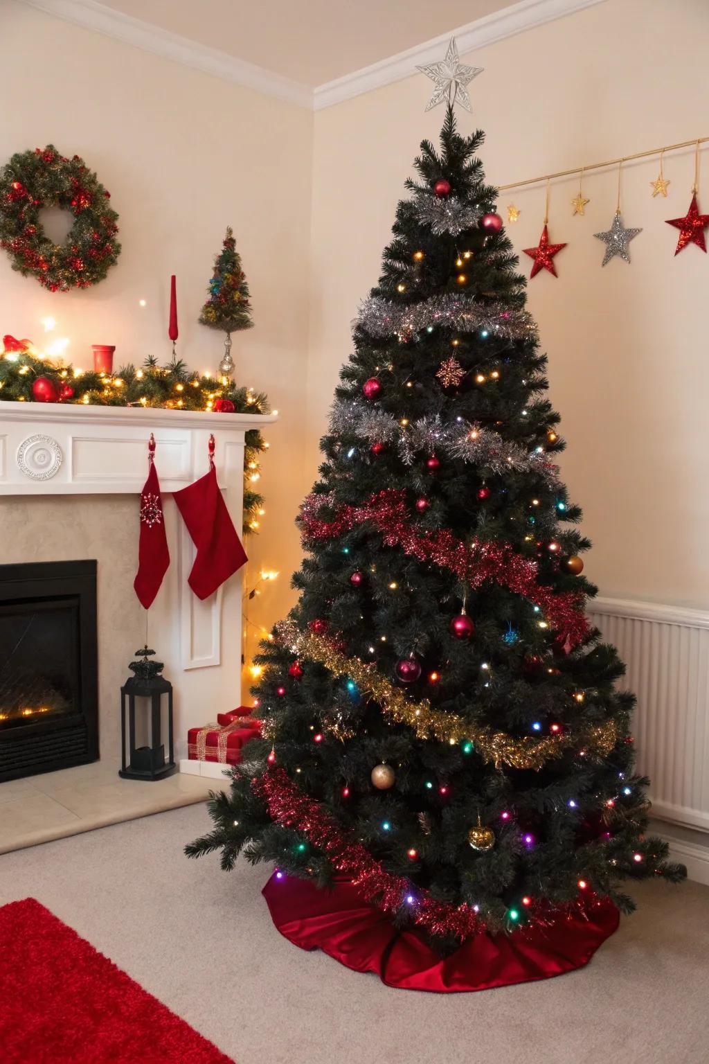 A charcoal tree with an extravagant tinsel display.