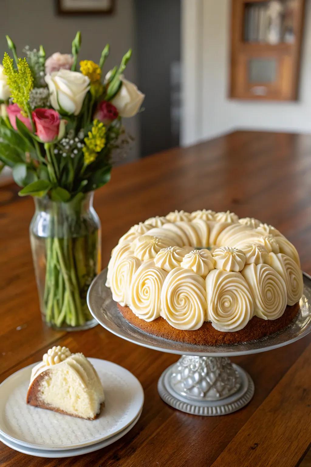 A ring cake featuring delightful swirls of cream frosting.