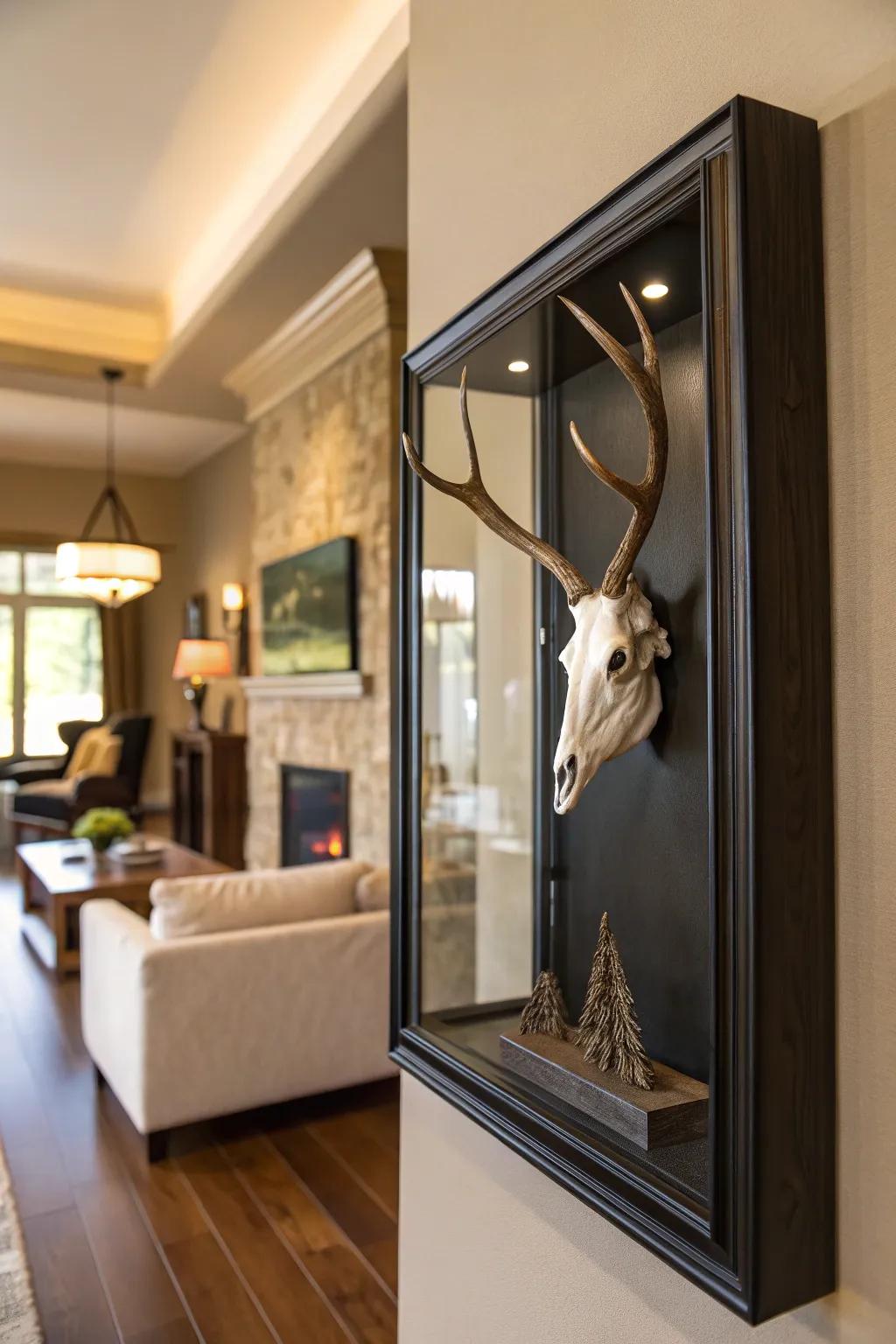 A contemporary shadow container introduces dimension and protection to a deer skull display.
