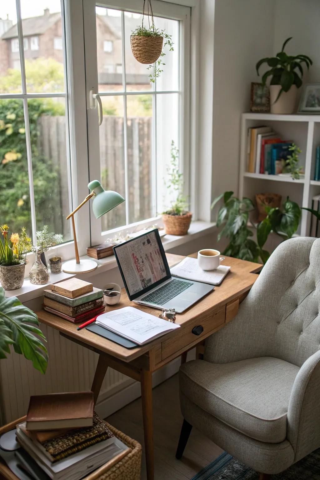 A dual-zone workspace balances productivity and relaxation.