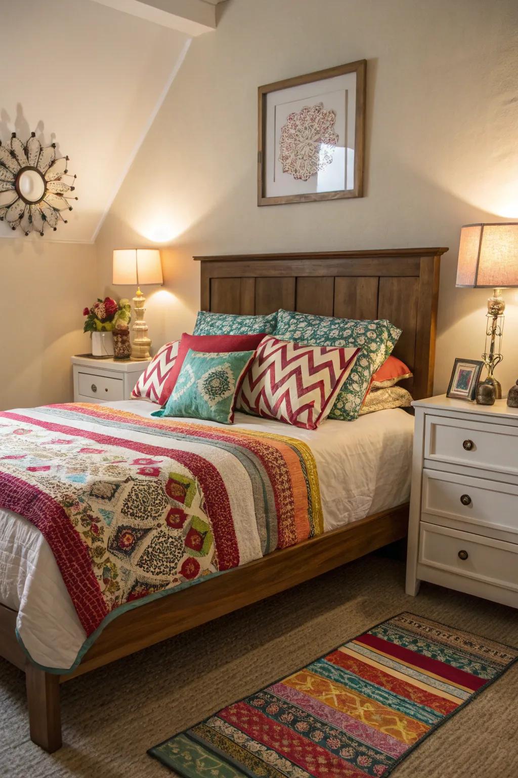 Bold colors inject excitement into a diagonal bed setup.