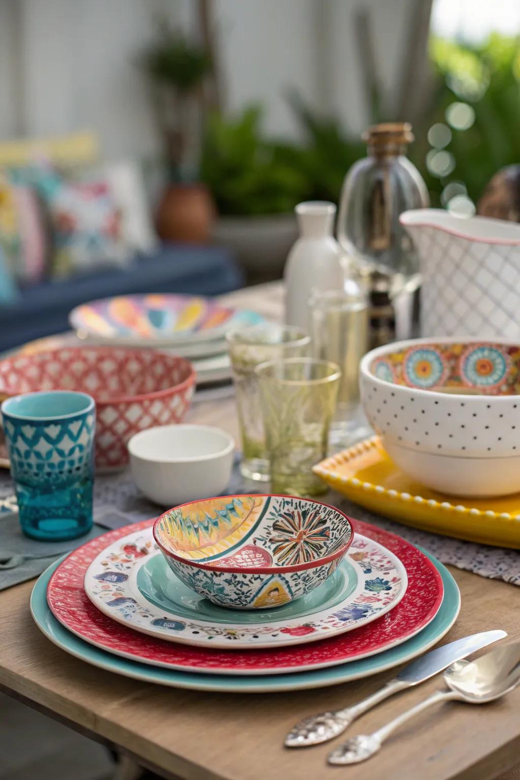 Mixing and matching table settings fosters a playful and inventive scene.