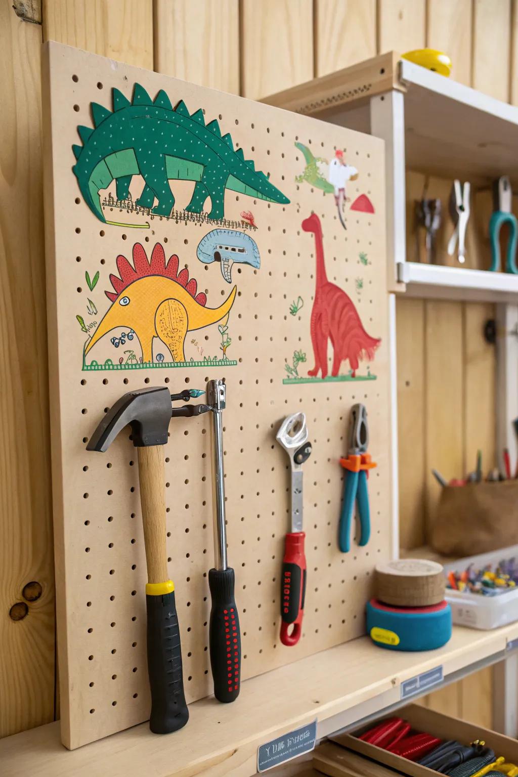 A reptile-themed pegboard maintaining implements organized.