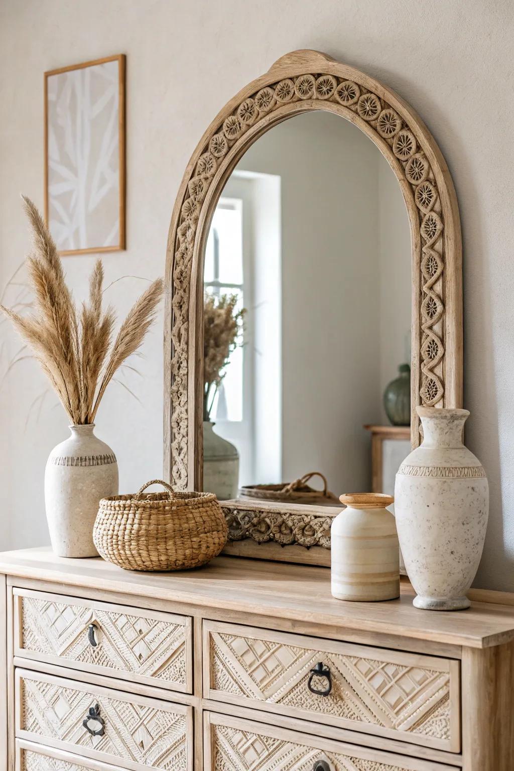 Transform your space with a hint of grace: the ideal boho mirror completes your minimalist dresser arrangement.