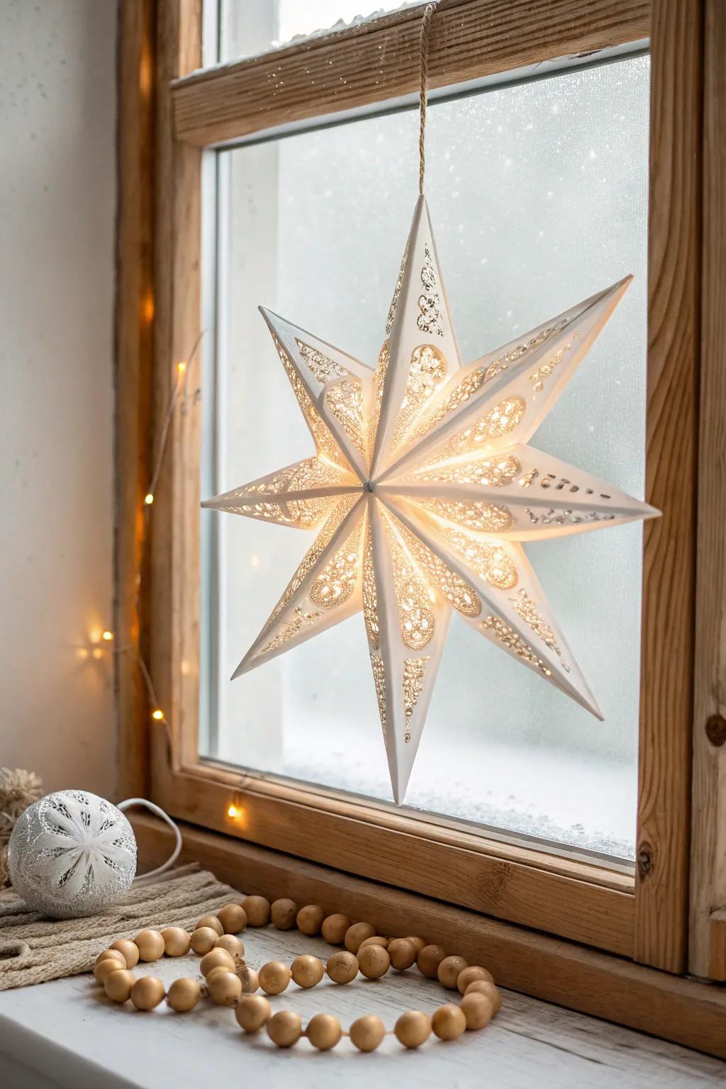 Brighten your holiday decorations using a craft-made paper star lantern that is elegantly festive.
