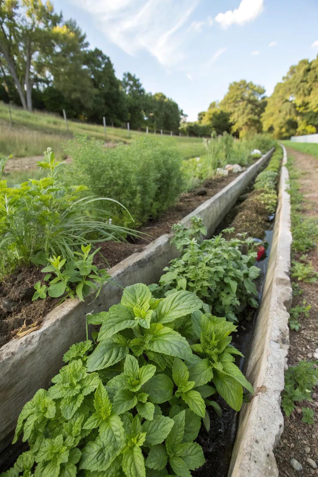 Edible plants situated along a swale offer both beauty and bounty.