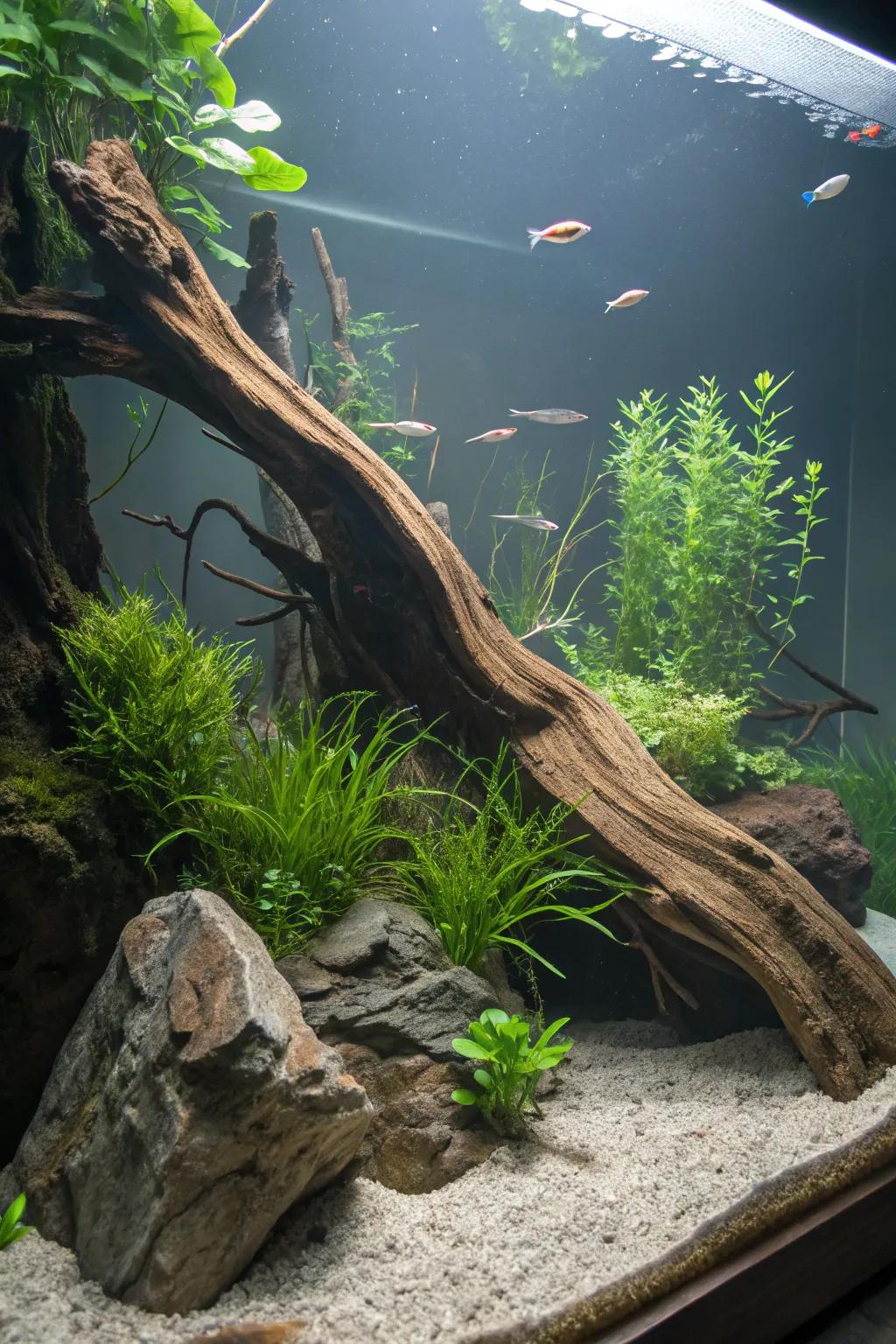 A serene riverbank aquarium showcasing bogwood and flowing aquatic flora.