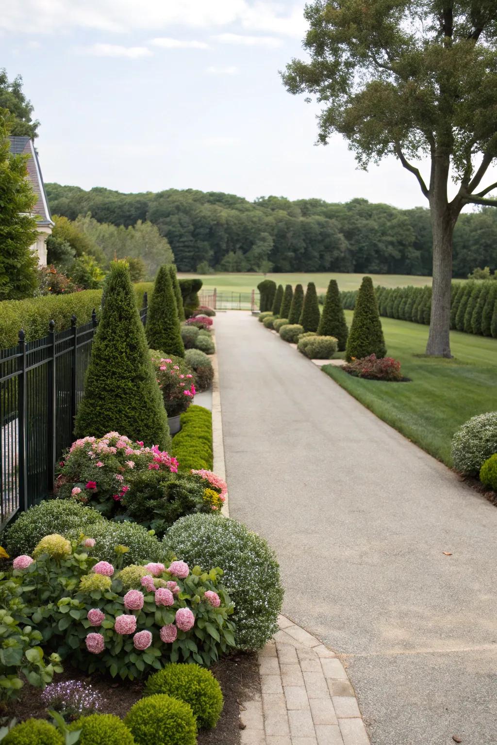 Elegant balanced botanical arrangement lining the driveway.