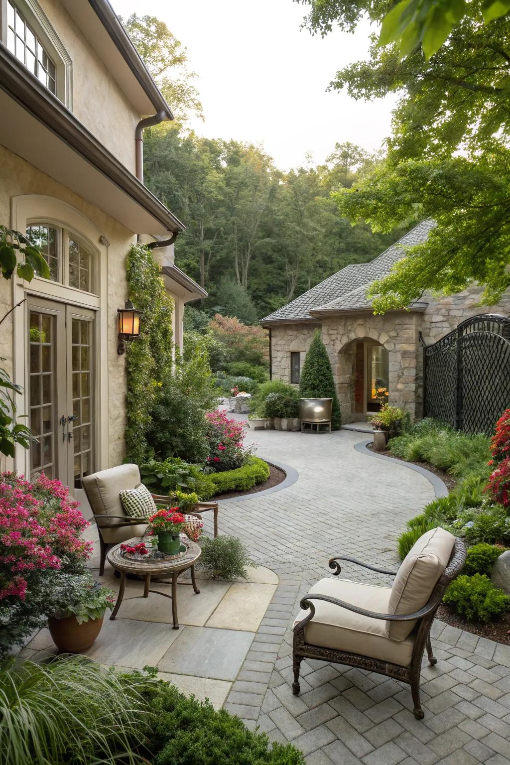 An imaginative courtyard driveway design featuring relaxation zones.