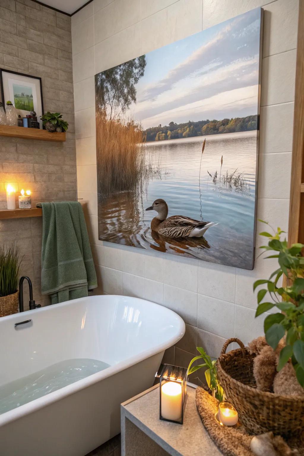 A lakeside duck painting bestows serenity to your area.