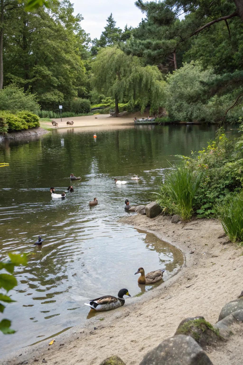 A beach-style entry enables easy passage for ducks entering and leaving the pond.