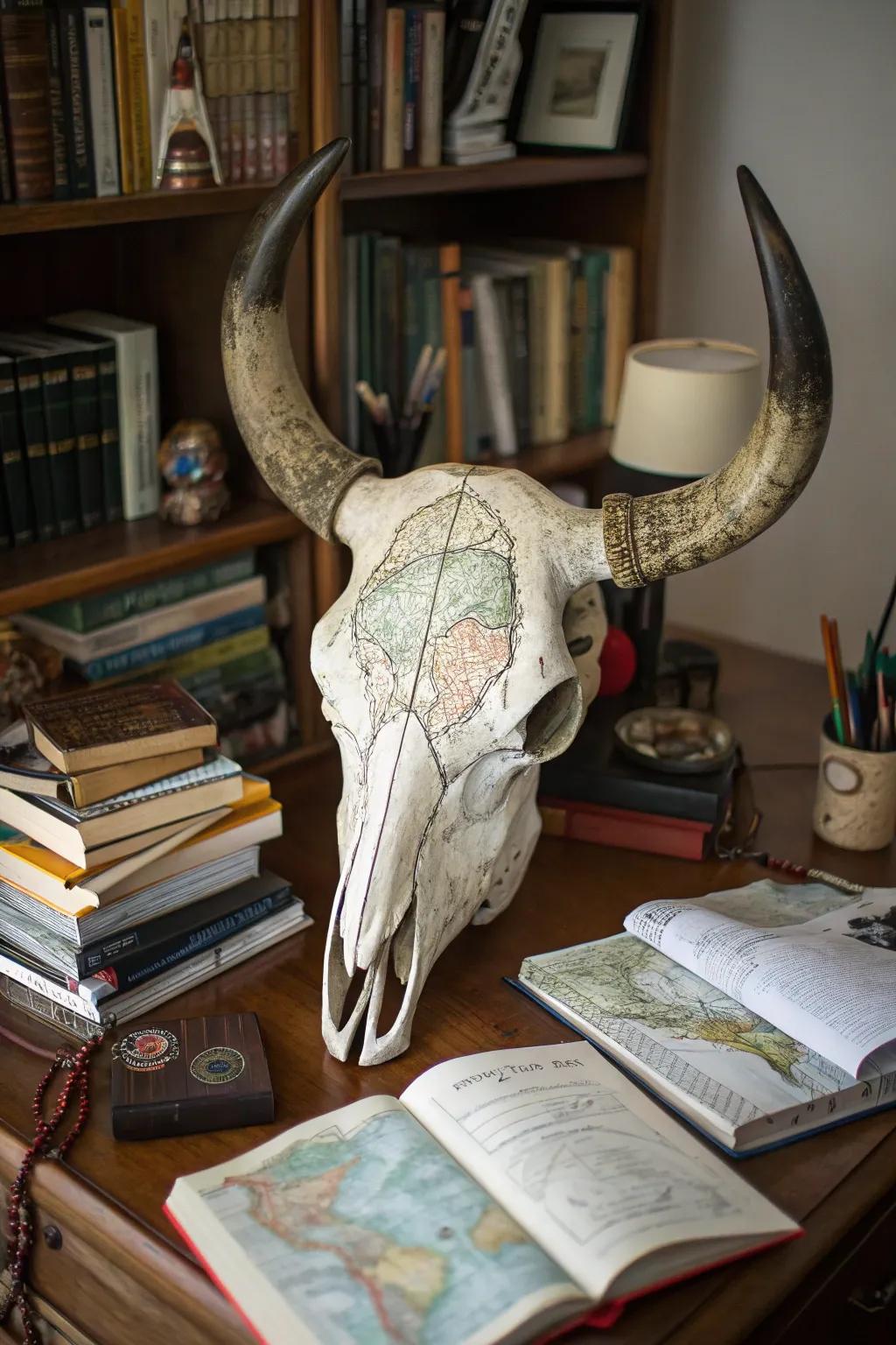 Timeless charts add an adventurous hint to bovine skull art.