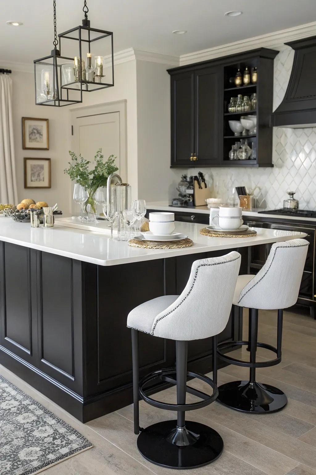 A classy island featuring a classic black and white.