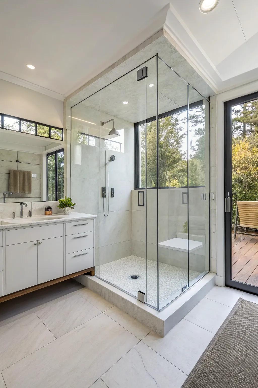 Edgeless glass stalls enhance the openness of this elegant bathroom.