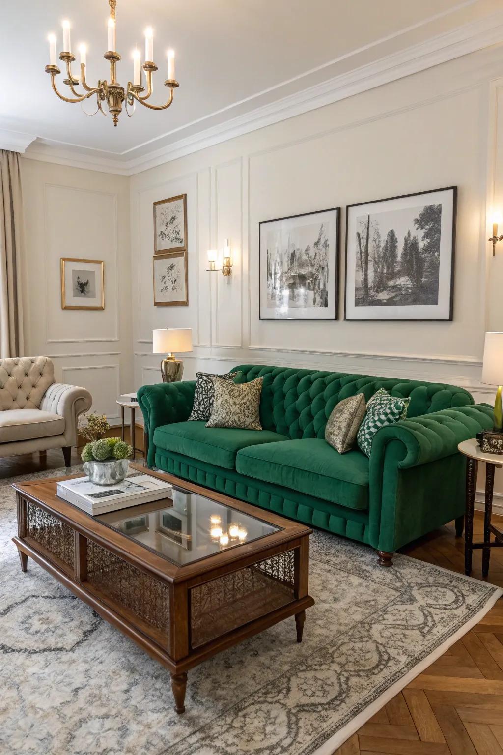 Modern and traditional styles are blended with an emerald sofa.