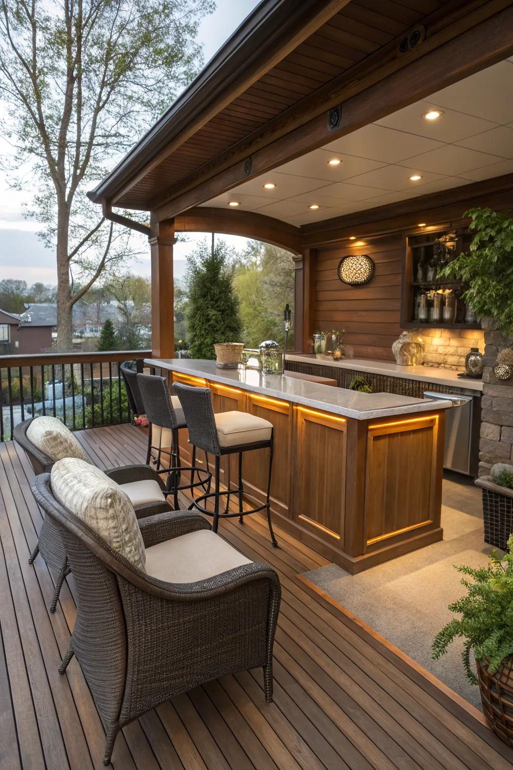 A sophisticated custom bar on a sheltered deck.