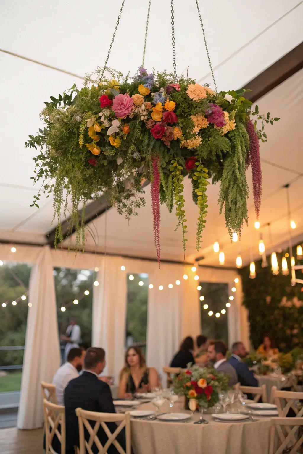 A stunning hanging botanical installation as an eye-catching centerpiece.