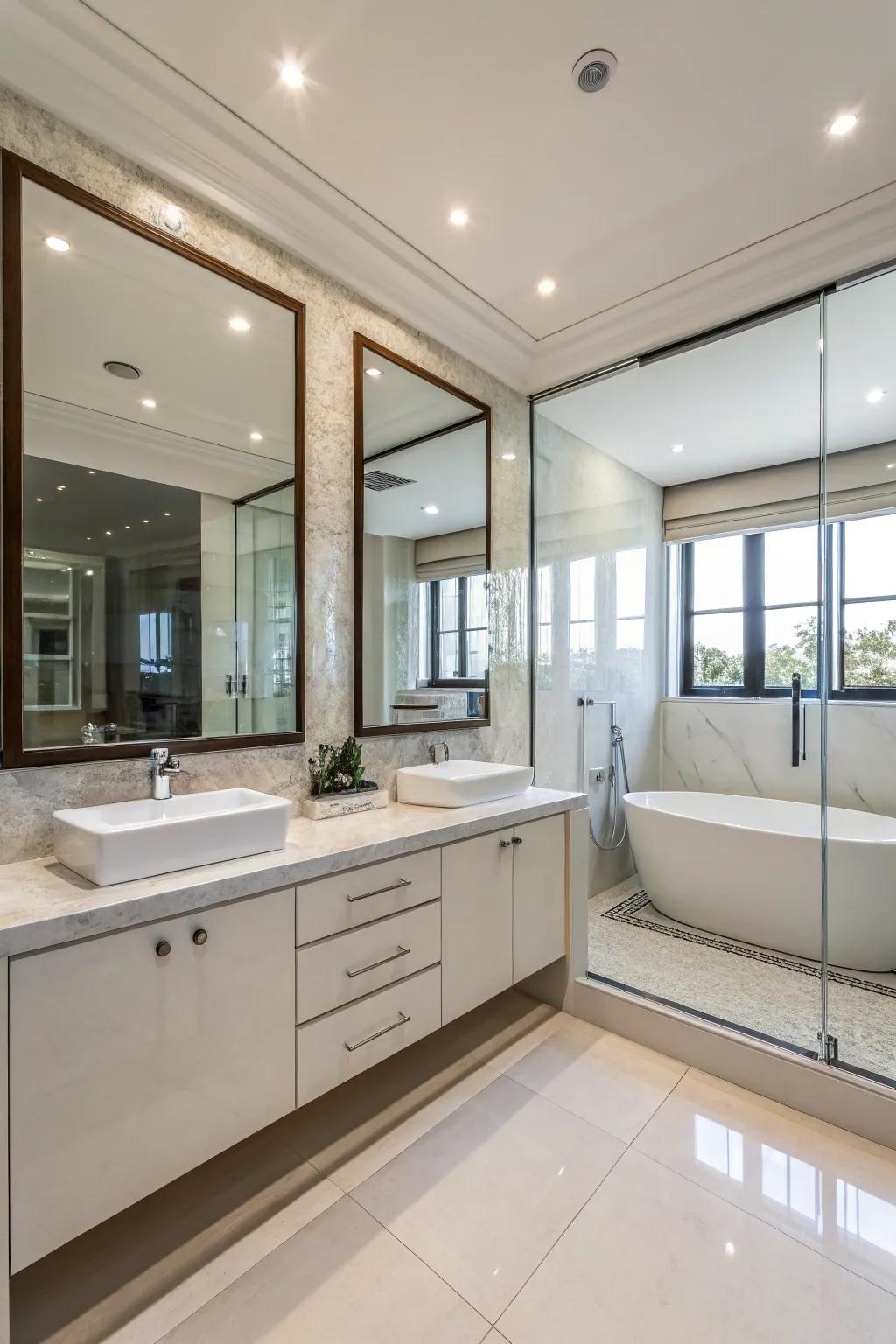 Reflective paneling enhances depth and brightness in any ensuite.