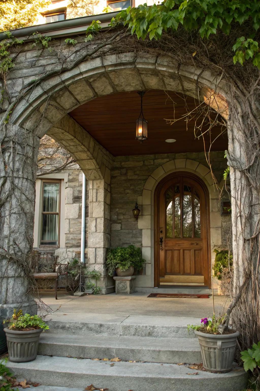 An exquisite rock arch that elevates the elegance of the front porch.