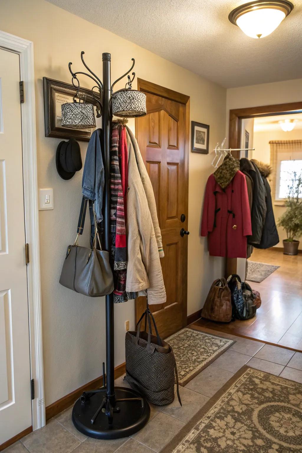 Efficient and compact, a revolving overcoat stand saves space.