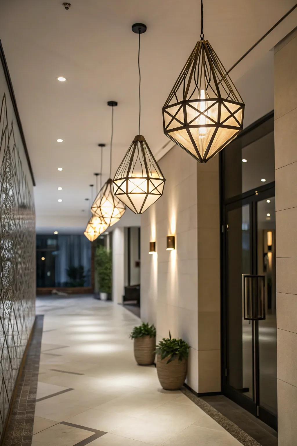 Lighting apparatuses with unexpected contours add a playful touch to this entryway.