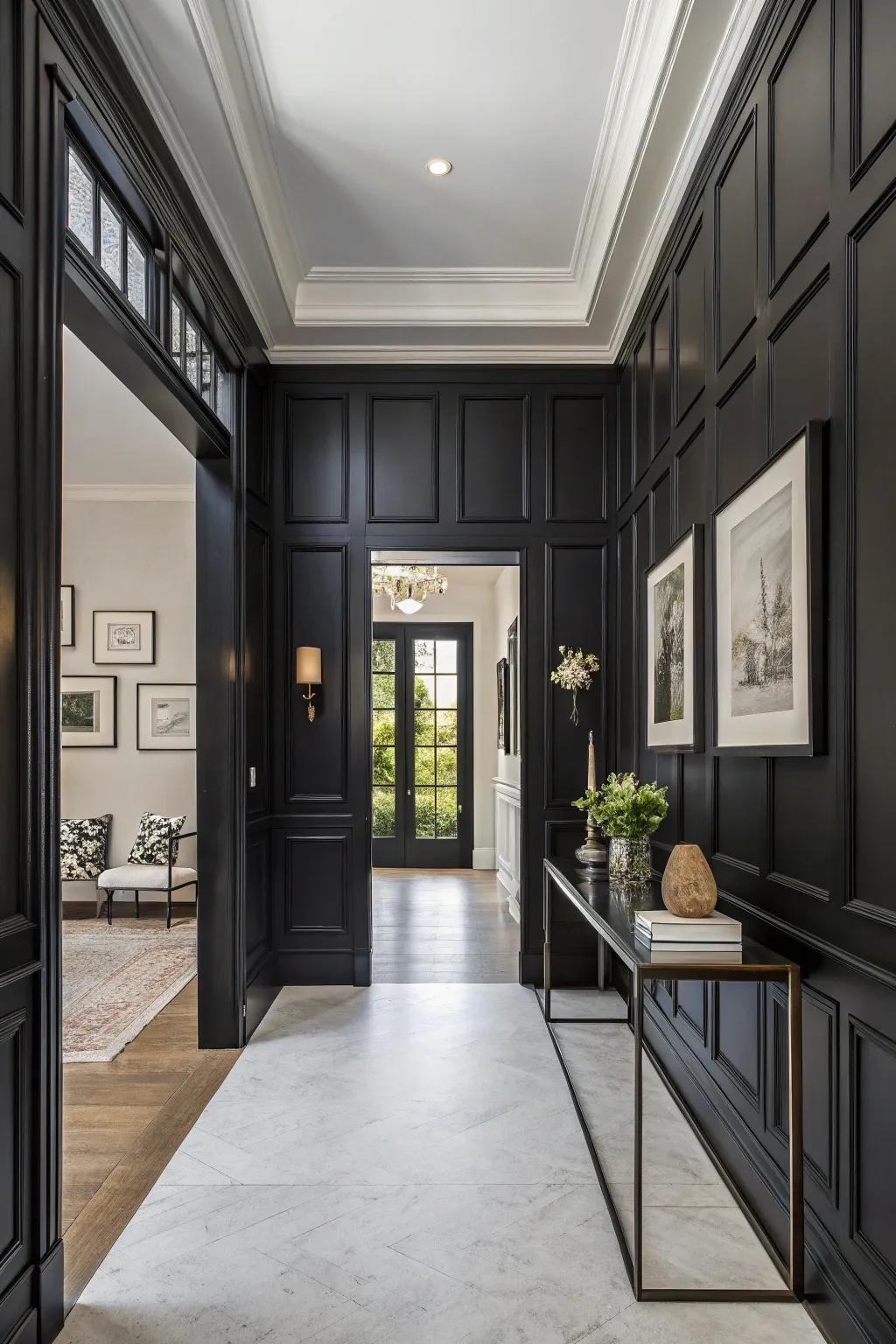 Dark walling introduces drama and sophistication to the entryway.