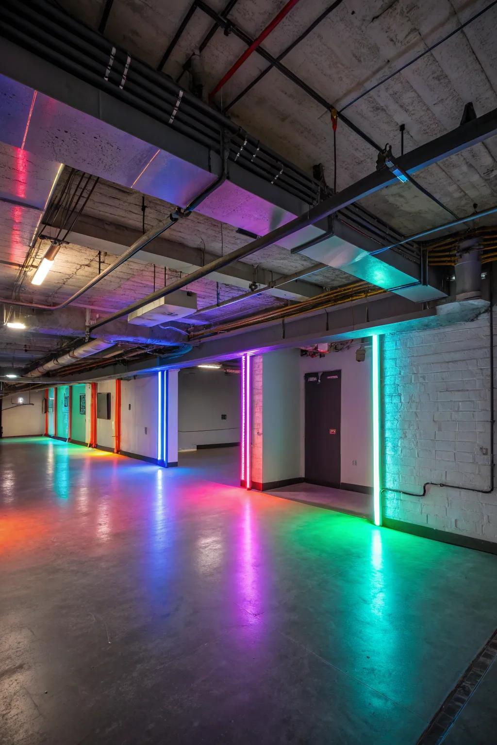 An enchanting light display elevates the basement's vibe.