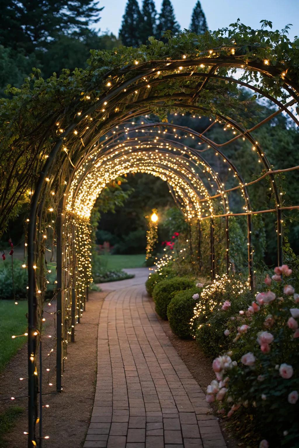 A twinkle light tunnel at the entrance welcomes guests warmly.