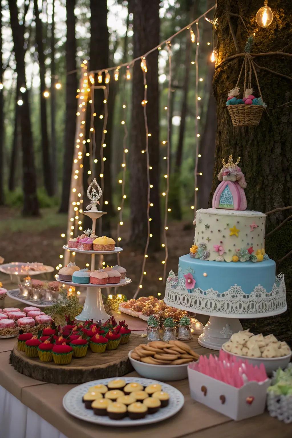 A stunning delicacies display showcasing fairy tale-themed goodies.
