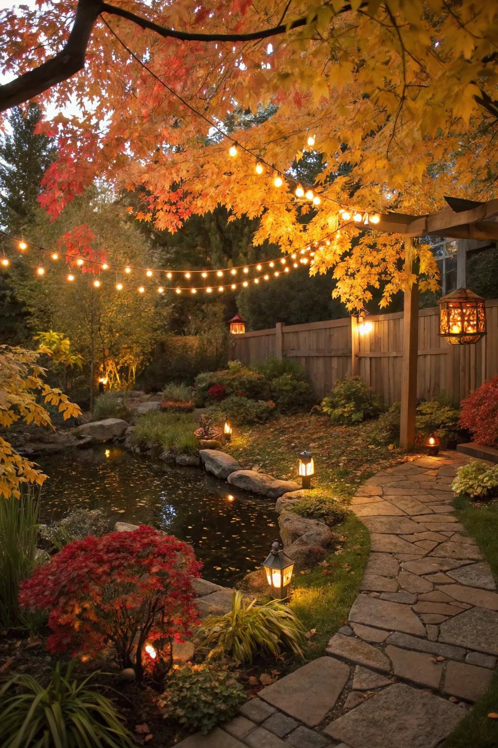 Outside lights amplify the magical atmosphere of fall.