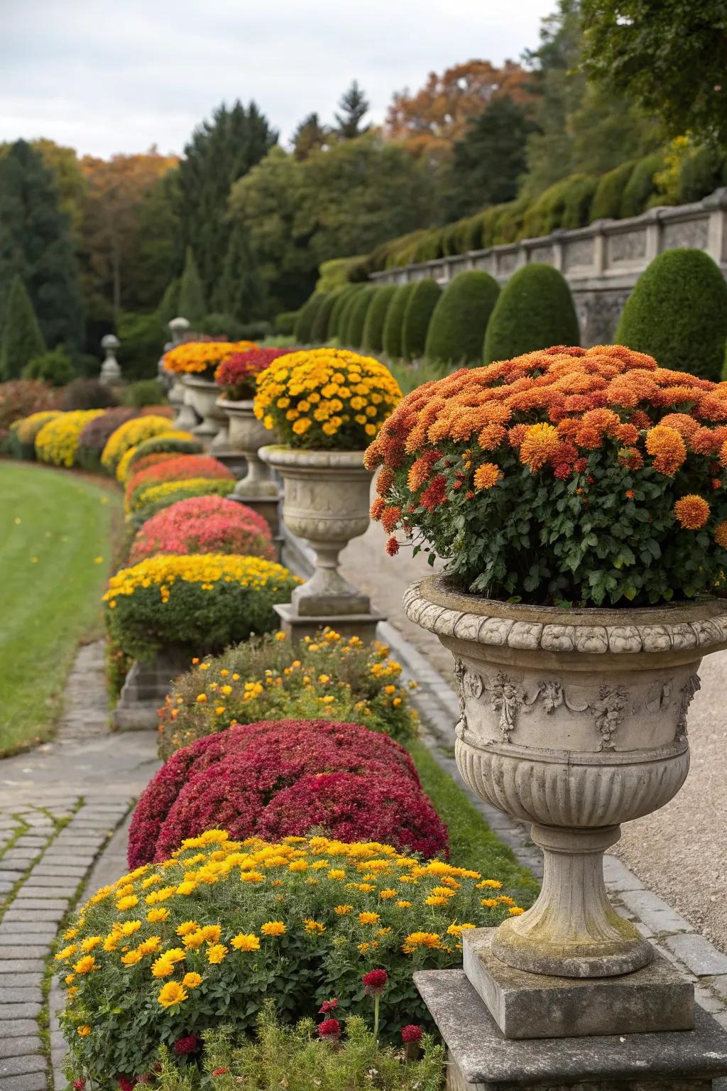 Grand urn planters with mums