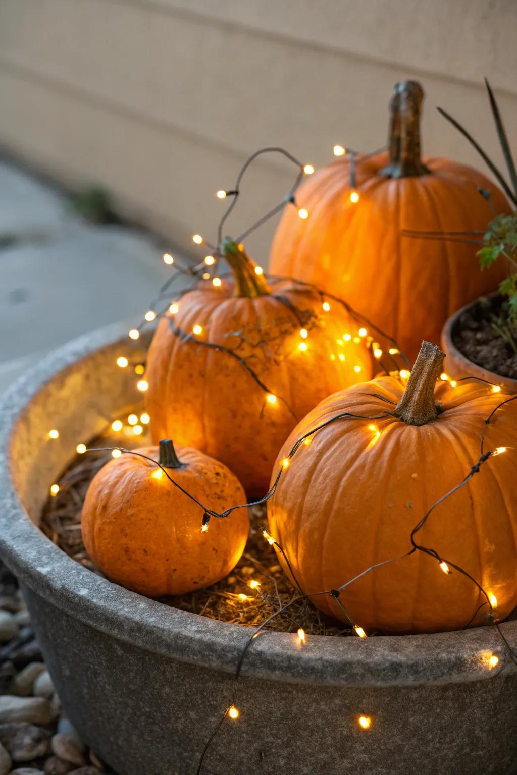 Twinkle lights instill a hint of enchantment into squash holders.