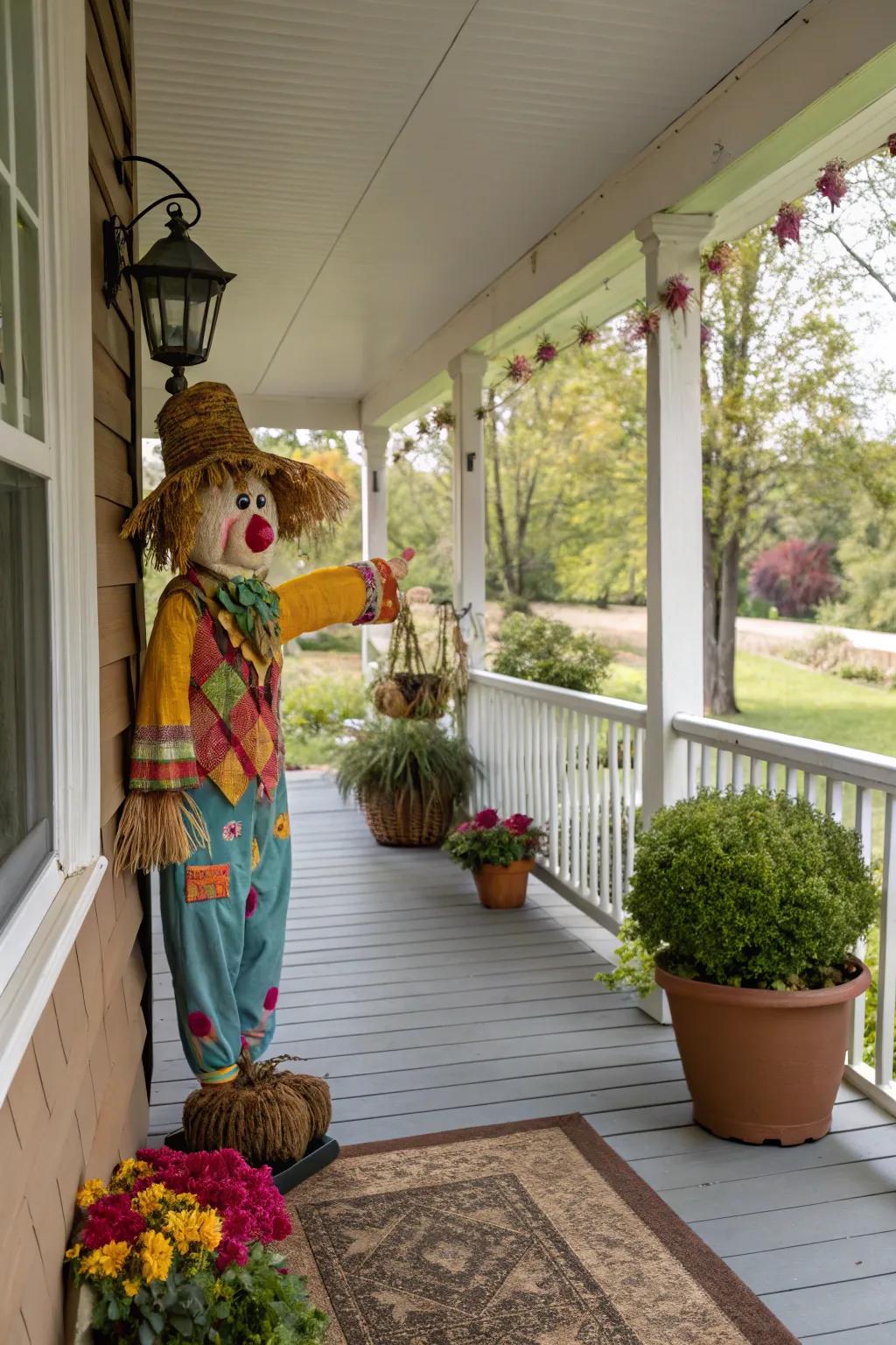 A whimsical scarecrow adds a playful and unexpected focal point to your porch.