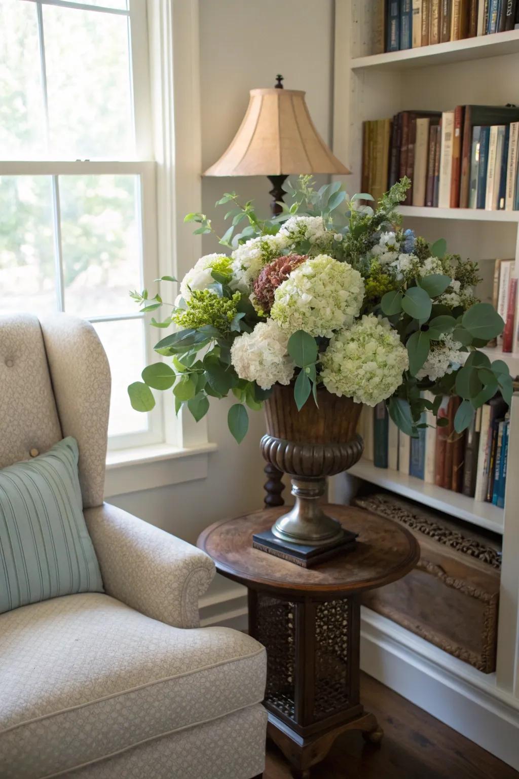 Soothing blossom clusters and silver foliage in an autumn urn.
