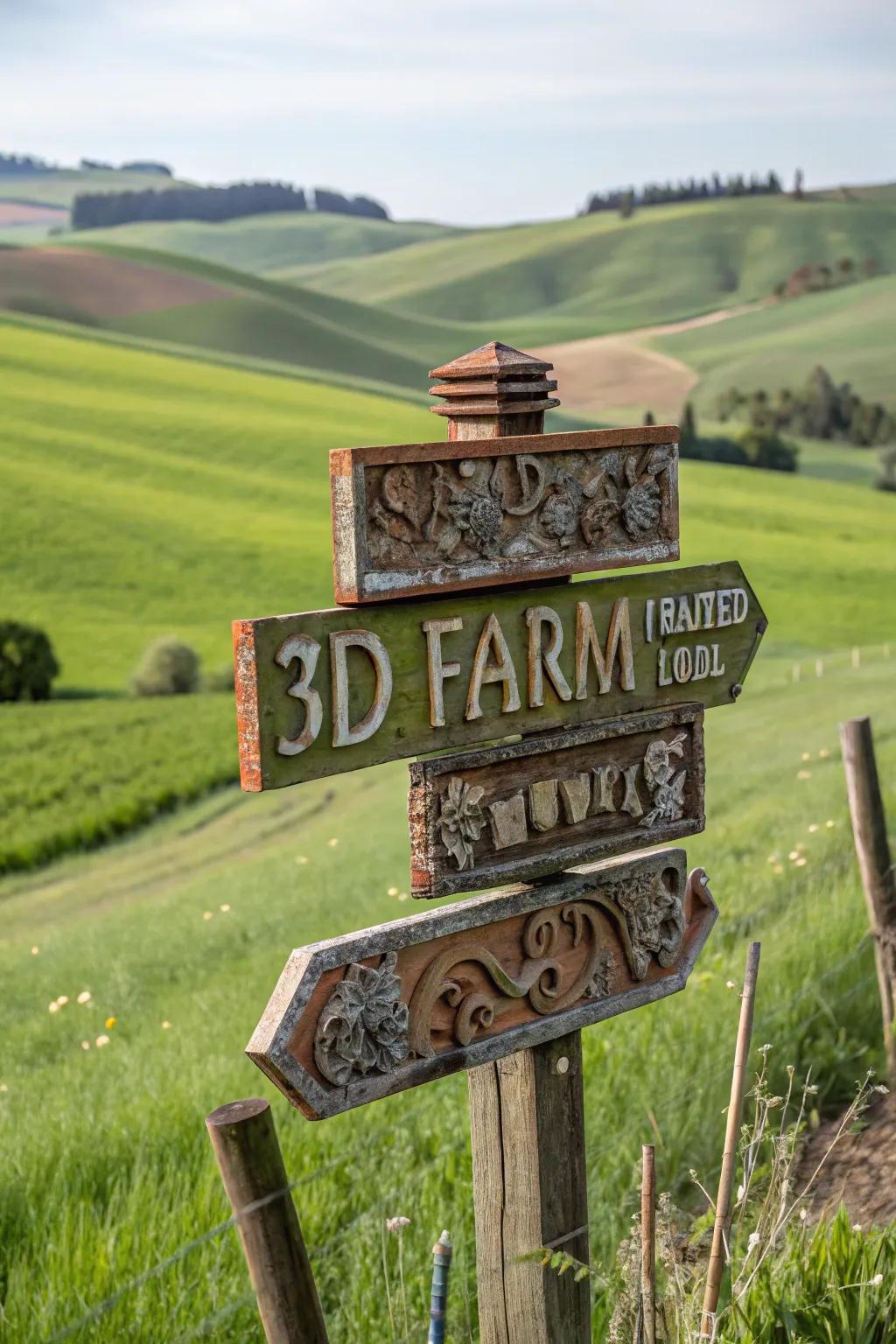 Three-dimensional layers enhancing a farm marker with dimension and intrigue.