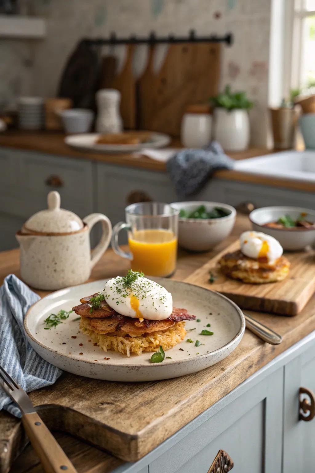 Eggs on potato cakes create a delightful textural experience.