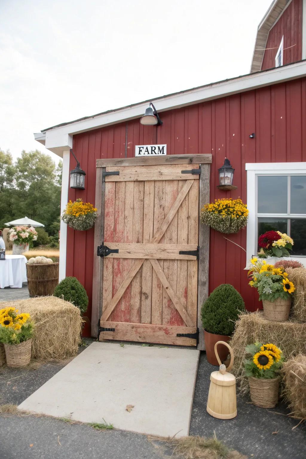 A barn-door-inspired entry sets the scene for a delightful farm-themed celebration.